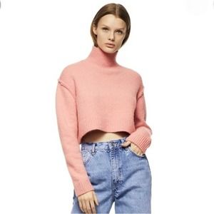 ZARA Cropped Turtleneck Sweater Alpaca Wool Blend Fuzzy Chunky Knit, Pink